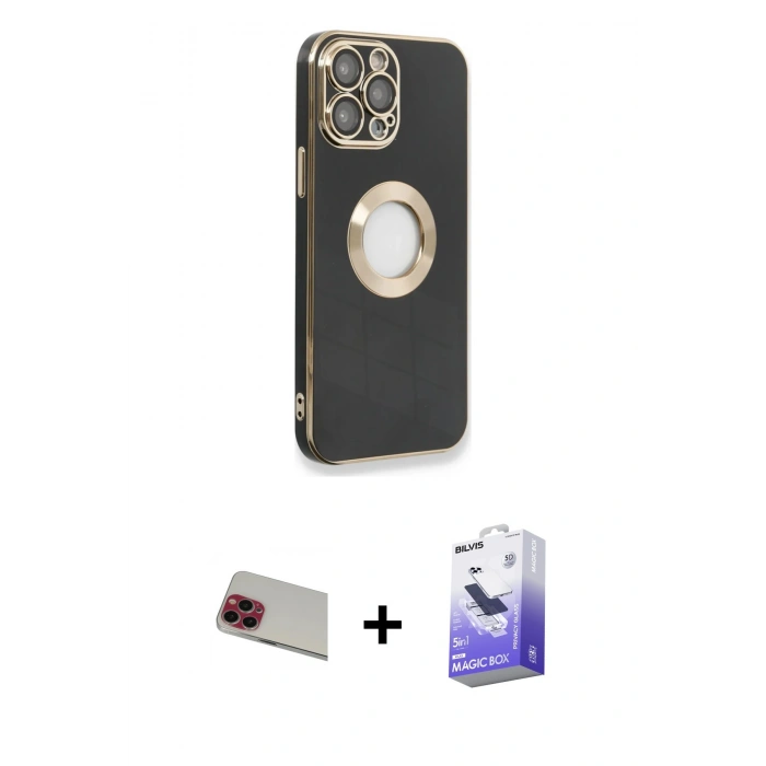 MARSİLYAN™- iPhone 13 Pro Max Kılıf İz Form Serisi - Siyah Bilvis 5in1 5D Magic Hayalet Cam Ekran Koruyucu + Kırmızı Rainbow Kamera Lens Koruma Cam