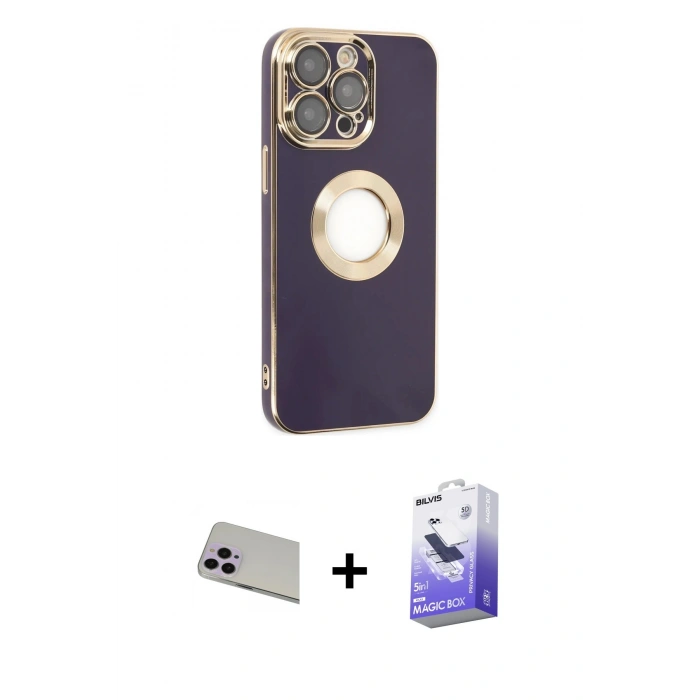MARSİLYAN™- iPhone 13 Pro Max Kılıf İz Form Serisi - Siyah Bilvis 5in1 5D Magic Hayalet Cam Ekran Koruyucu + Rainbow Kamera Lens Koruma Cam - MR