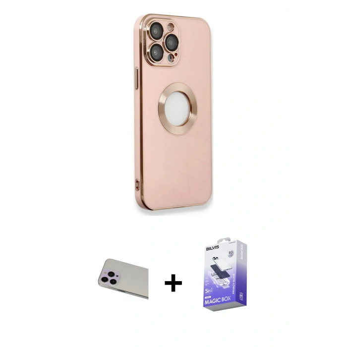 MARSİLYAN™- iPhone 13 Pro Max Kılıf İz Form Serisi - Siyah Bilvis 5in1 5D Magic Hayalet Cam Ekran Koruyucu + Rainbow Kamera Lens Koruma Cam - MR