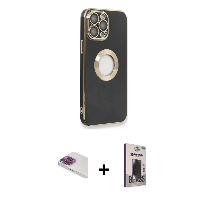 MARSİLYAN™- iPhone 13 Pro Max Kılıf İz Form Serisi - Siyah Bilvis Hayalet Cam Ekran Koruyucu + Pers Alüminyum Kamera Lens - GI