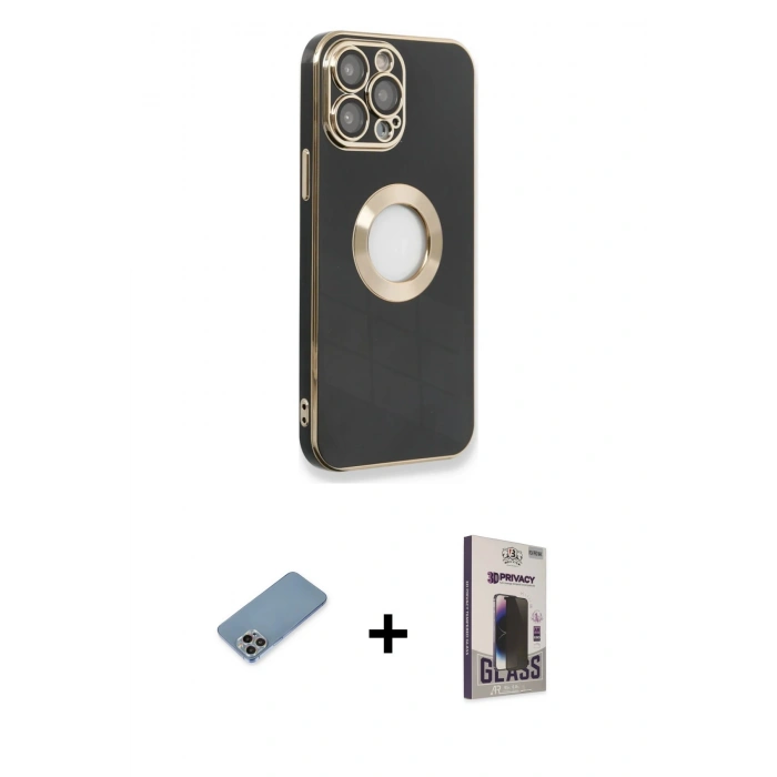MARSİLYAN™- iPhone 13 Pro Max Kılıf İz Form Serisi - Siyah Bilvis Hayalet Cam Ekran Koruyucu + Shine Kamera Lens Koruma Cam - GI