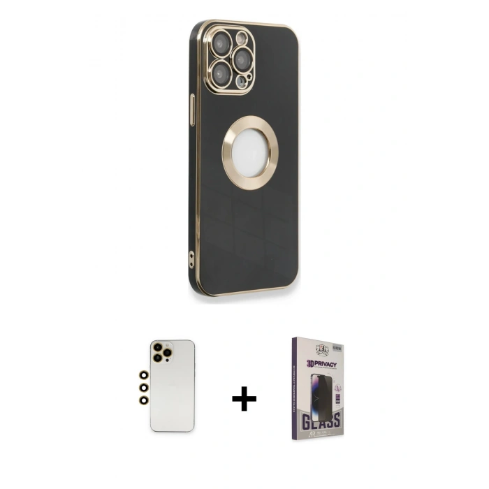 MARSİLYAN™- iPhone 13 Pro Max Kılıf İz Form Serisi - Siyah Bilvis Hayalet Cam Ekran Koruyucu + Shine Kamera Lens - GD
