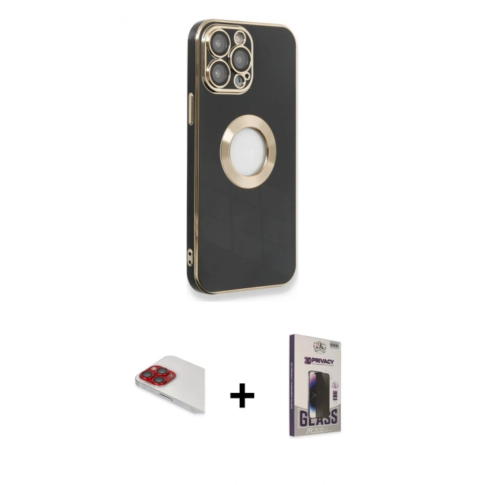 MARSİLYAN™- iPhone 13 Pro Max Kılıf İz Form Serisi - Siyah Bilvis Hayalet Cam Ekran Koruyucu + Pers Alüminyum Kamera Lens - KI