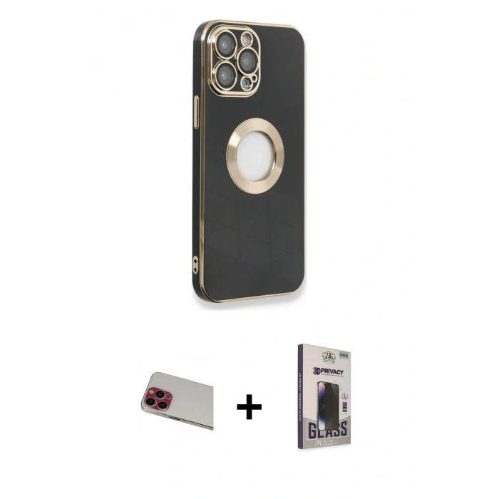 MARSİLYAN™- iPhone 13 Pro Max Kılıf İz Form Serisi - Siyah Bilvis Hayalet Cam Ekran Koruyucu + Rainbow Kamera Lens Koruma Cam - KI