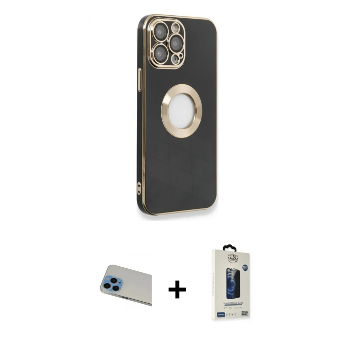 MARSİLYAN™- iPhone 13 Pro Max Kılıf İz Form Serisi - Siyah Bilvis Hayalet Cam Ekran Koruyucu + Rainbow Kamera Lens Koruma Cam - MI