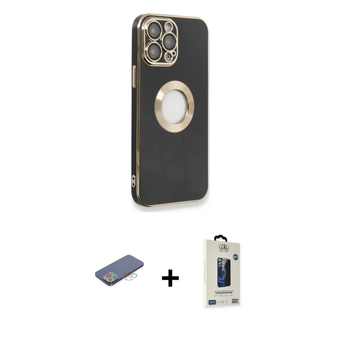 MARSİLYAN™- iPhone 13 Pro Max Kılıf İz Form Serisi - Siyah Bilvis Hayalet Cam Ekran Koruyucu + Mavi Renkli Kamera Lens Koruma Cam