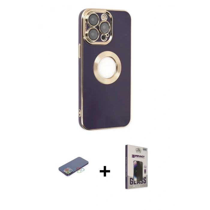 MARSİLYAN™- iPhone 13 Pro Max Kılıf İz Form Serisi - Siyah Bilvis Hayalet Cam Ekran Koruyucu + Mavi Renkli Kamera Lens Koruma Cam