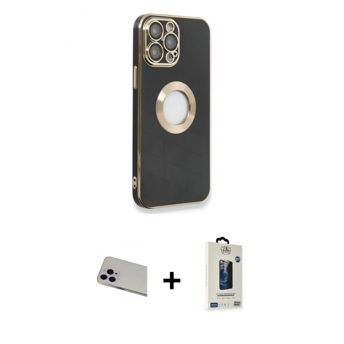 MARSİLYAN™- iPhone 13 Pro Max Kılıf İz Form Serisi - Siyah Bilvis Hayalet Cam Ekran Koruyucu + Rainbow Kamera Lens Koruma Cam - MR