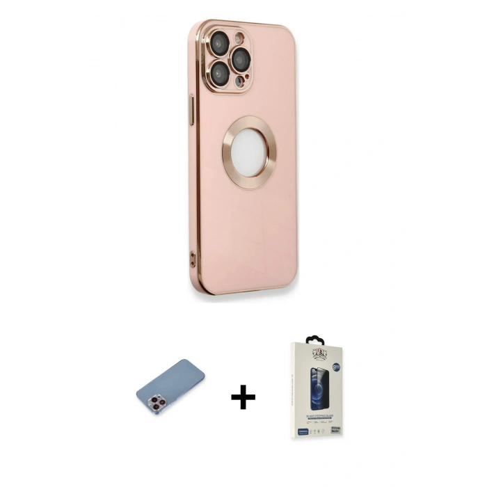 MARSİLYAN™- iPhone 13 Pro Max Kılıf İz Form Serisi - Siyah Bilvis Hayalet Cam Ekran Koruyucu + Pembe Shine Kamera Lens Koruma Cam