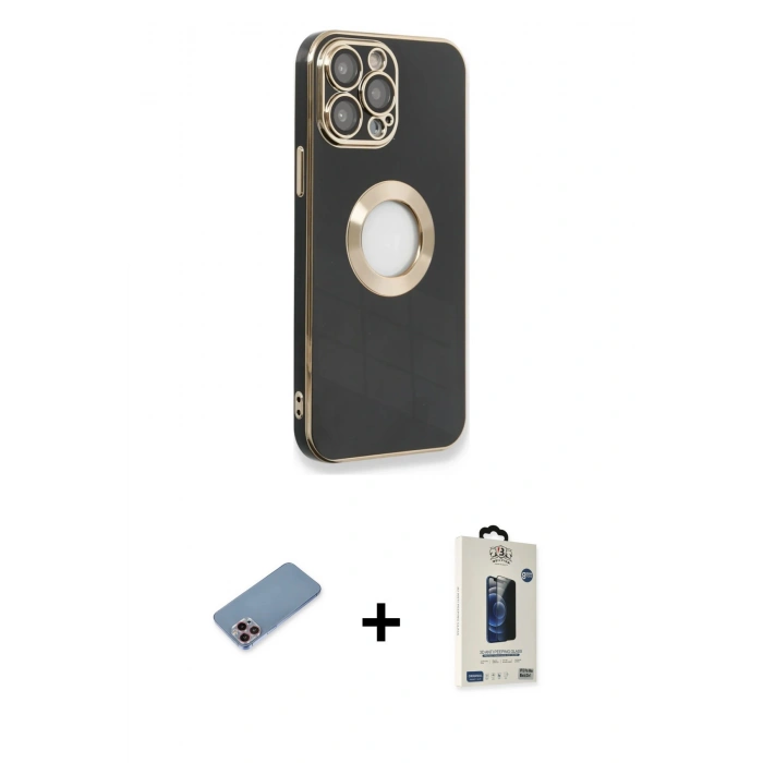 MARSİLYAN™- iPhone 13 Pro Max Kılıf İz Form Serisi - Siyah Bilvis Hayalet Cam Ekran Koruyucu + Pembe Shine Kamera Lens Koruma Cam