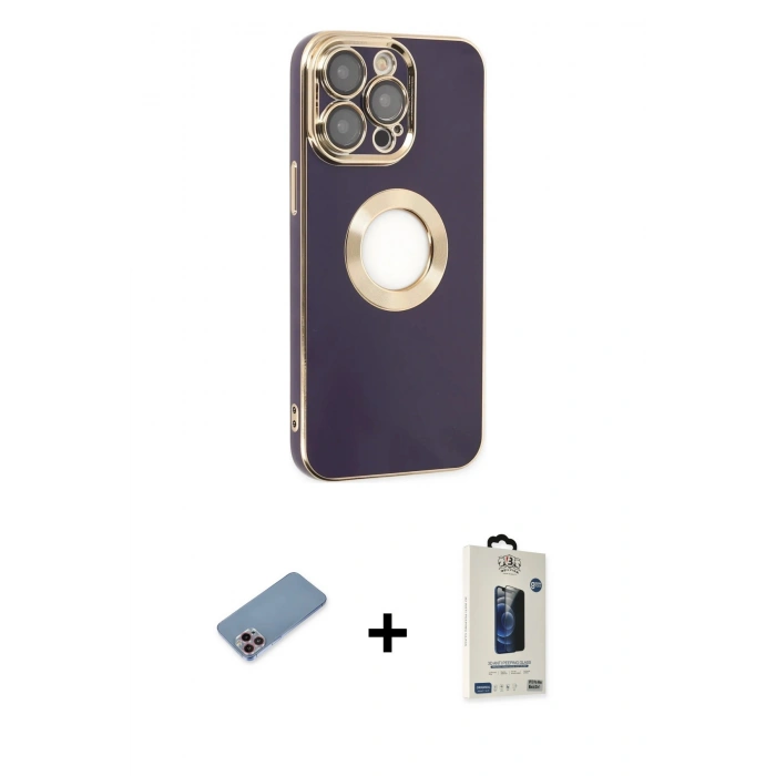 MARSİLYAN™- iPhone 13 Pro Max Kılıf İz Form Serisi - Siyah Bilvis Hayalet Cam Ekran Koruyucu + Pembe Shine Kamera Lens Koruma Cam