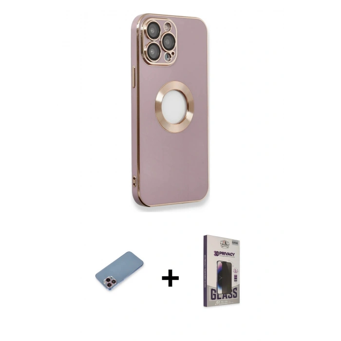 MARSİLYAN™- iPhone 13 Pro Max Kılıf İz Form Serisi - Siyah Bilvis Hayalet Cam Ekran Koruyucu + Pembe Shine Kamera Lens Koruma Cam