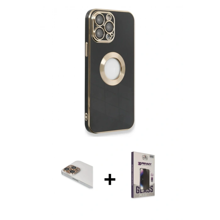 MARSİLYAN™- iPhone 13 Pro Max Kılıf İz Form Serisi - Siyah Bilvis Hayalet Cam Ekran Koruyucu + Pers Alüminyum Kamera Lens - GD