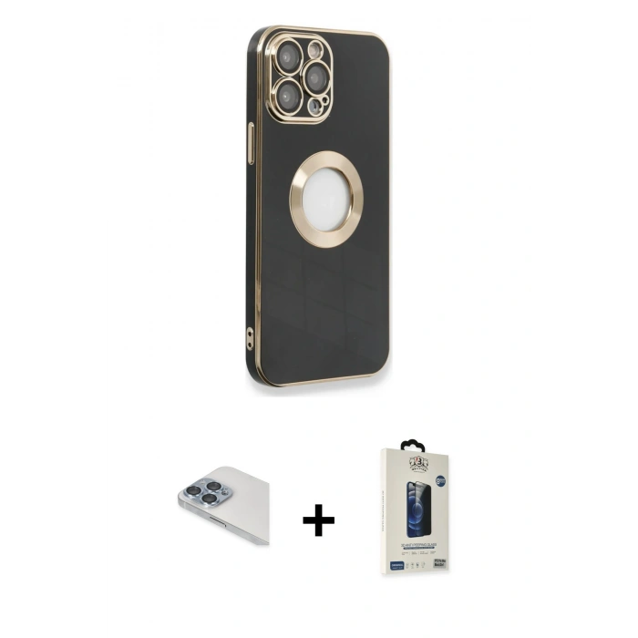 MARSİLYAN™- iPhone 13 Pro Max Kılıf İz Form Serisi - Siyah Bilvis Hayalet Cam Ekran Koruyucu + Pers Alüminyum Kamera Lens - SABE