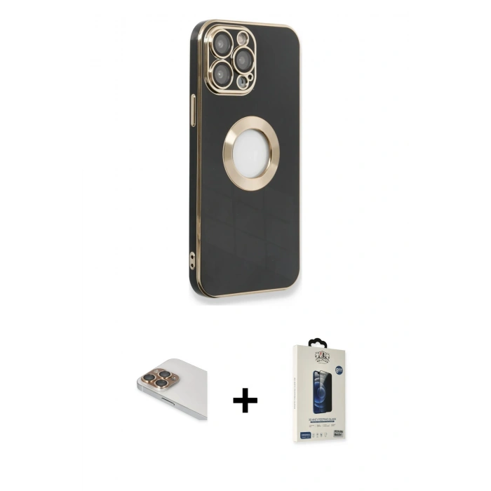 MARSİLYAN™- iPhone 13 Pro Max Kılıf İz Form Serisi - Siyah Bilvis Hayalet Cam Ekran Koruyucu + Pers Alüminyum Kamera Lens - GD