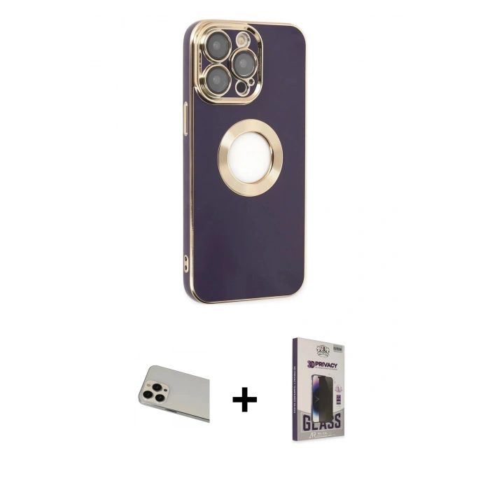 MARSİLYAN™- iPhone 13 Pro Max Kılıf İz Form Serisi - Siyah Bilvis Hayalet Cam Ekran Koruyucu + Rainbow Kamera Lens Koruma Cam - REGD