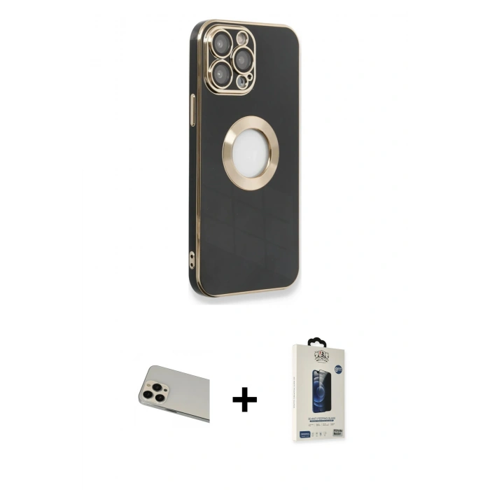 MARSİLYAN™- iPhone 13 Pro Max Kılıf İz Form Serisi - Siyah Bilvis Hayalet Cam Ekran Koruyucu + Rainbow Kamera Lens Koruma Cam - REGD