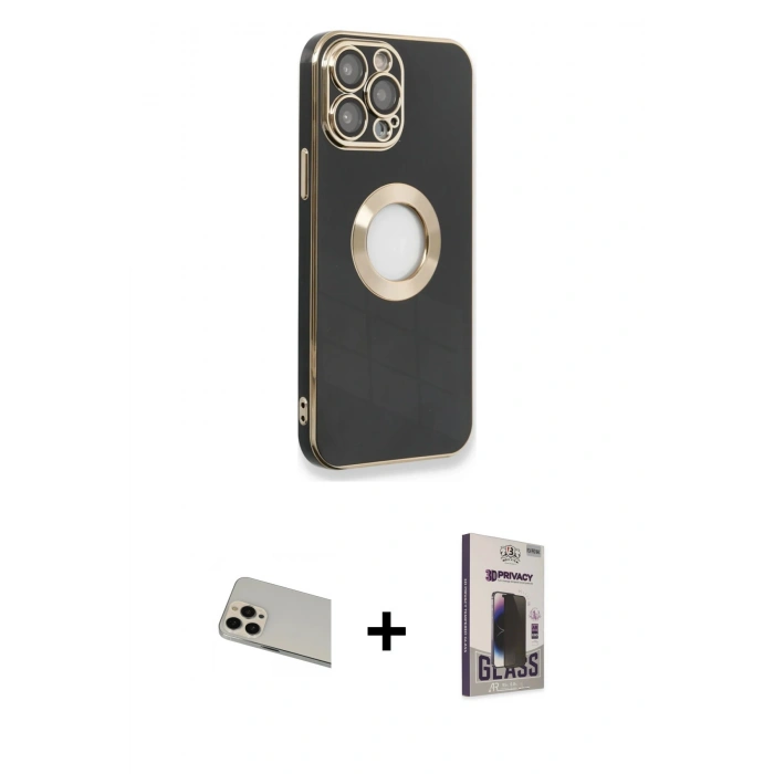 MARSİLYAN™- iPhone 13 Pro Max Kılıf İz Form Serisi - Siyah Bilvis Hayalet Cam Ekran Koruyucu + Rainbow Kamera Lens Koruma Cam - REGD
