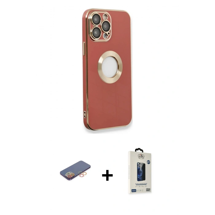 MARSİLYAN™- iPhone 13 Pro Max Kılıf İz Form Serisi - Siyah Bilvis Hayalet Cam Ekran Koruyucu + Turuncu Renkli Kamera Lens Koruma Cam