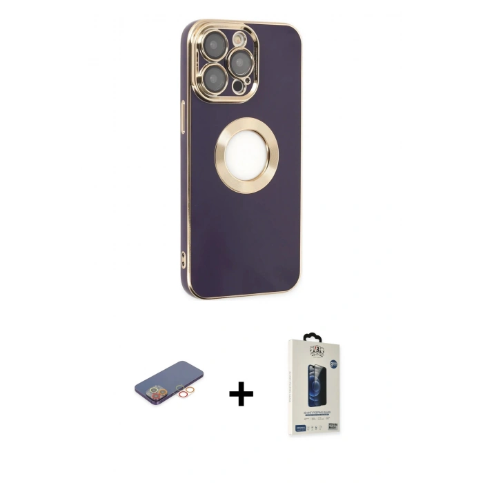 MARSİLYAN™- iPhone 13 Pro Max Kılıf İz Form Serisi - Siyah Bilvis Hayalet Cam Ekran Koruyucu + Turuncu Renkli Kamera Lens Koruma Cam