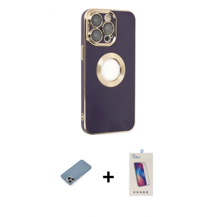 MARSİLYAN™- iPhone 13 Pro Max Kılıf İz Form Serisi - Siyah Joko 5D Cam + Gökkuşağı Shine Kamera Lens Koruma Cam