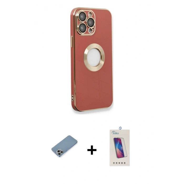 MARSİLYAN™- iPhone 13 Pro Max Kılıf İz Form Serisi - Siyah Joko 5D Cam + Gökkuşağı Shine Kamera Lens Koruma Cam