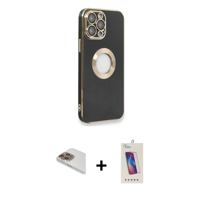 MARSİLYAN™- iPhone 13 Pro Max Kılıf İz Form Serisi - Siyah Joko 5D Cam + Pers Alüminyum Kamera Lens - GD