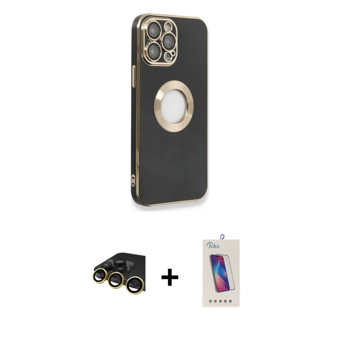 MARSİLYAN™- iPhone 13 Pro Max Kılıf İz Form Serisi - Siyah Joko 5D Cam + Raze Metal Kamera Lens - GD