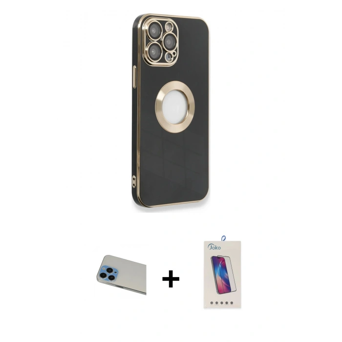 MARSİLYAN™- iPhone 13 Pro Max Kılıf İz Form Serisi - Siyah Joko 5D Cam + Rainbow Kamera Lens Koruma Cam - MI