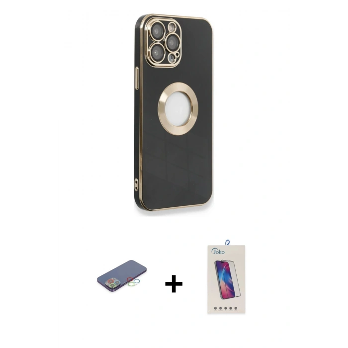 MARSİLYAN™- iPhone 13 Pro Max Kılıf İz Form Serisi - Siyah Joko 5D Cam + Renkli Kamera Lens Koruma Cam - MI