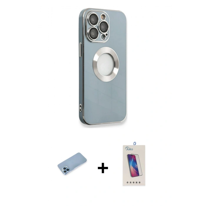 MARSİLYAN™- iPhone 13 Pro Max Kılıf İz Form Serisi - Siyah Joko 5D Cam + Mavi Shine Kamera Lens Koruma Cam