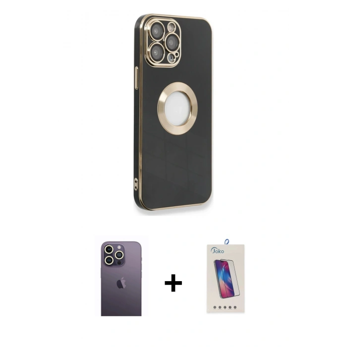 MARSİLYAN™- iPhone 13 Pro Max Kılıf İz Form Serisi - Siyah Joko 5D Cam + Neon Fosforlu Kamera Lens - BZ