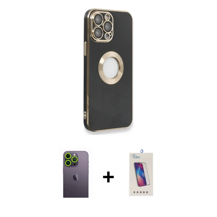 MARSİLYAN™- iPhone 13 Pro Max Kılıf İz Form Serisi - Siyah Joko 5D Cam + Neon Fosforlu Kamera Lens - YL