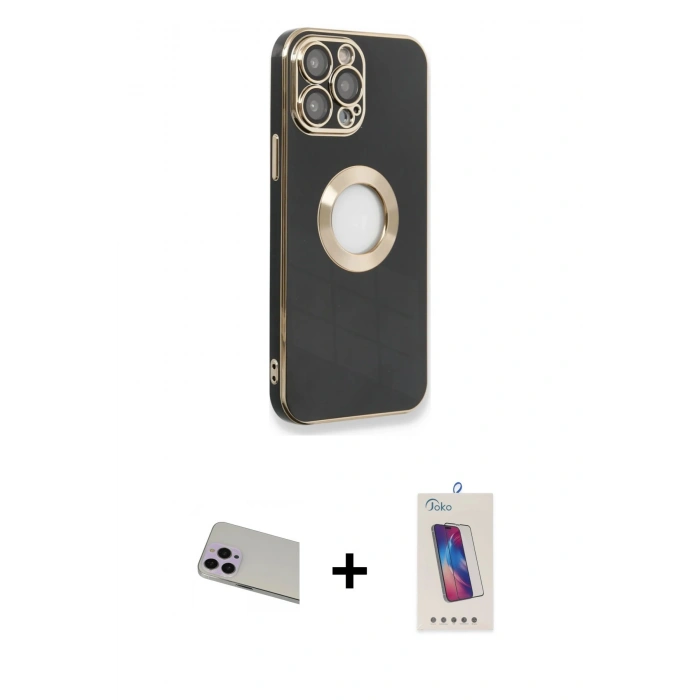 MARSİLYAN™- iPhone 13 Pro Max Kılıf İz Form Serisi - Siyah Joko 5D Cam + Rainbow Kamera Lens Koruma Cam - MR