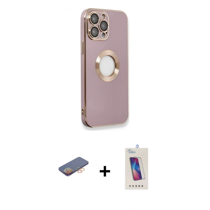 MARSİLYAN™- iPhone 13 Pro Max Kılıf İz Form Serisi - Siyah Joko 5D Cam + Renkli Kamera Lens Koruma Cam - TU