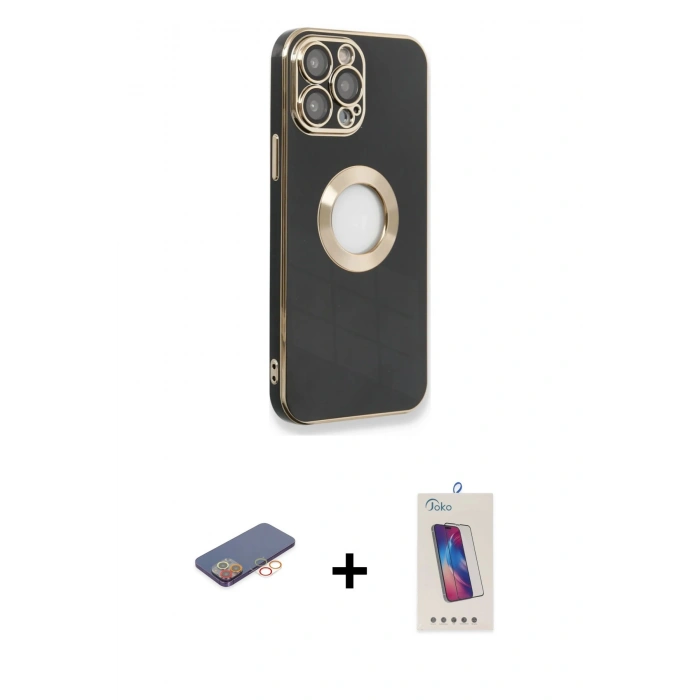 MARSİLYAN™- iPhone 13 Pro Max Kılıf İz Form Serisi - Siyah Joko 5D Cam + Renkli Kamera Lens Koruma Cam - TU