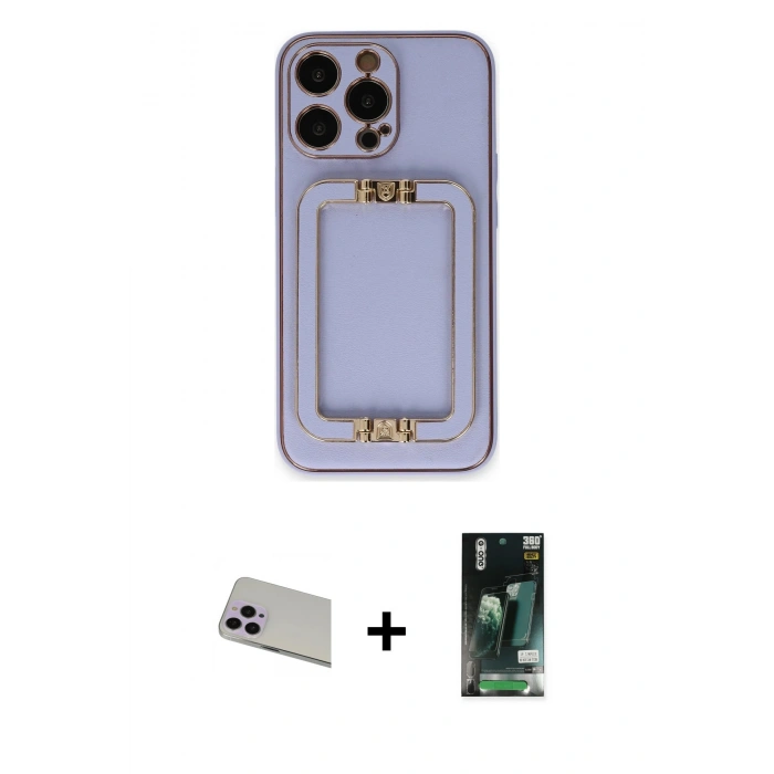 MARSİLYAN™- iPhone 13 Pro Max Kılıf Kozmos Minimal Prime - Şeffaf 360 Full Body Arka Koruyucu + Mor Rainbow Kamera Lens Koruma Cam