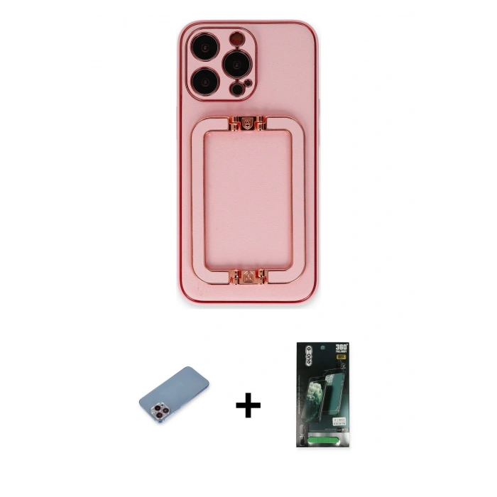 MARSİLYAN™- iPhone 13 Pro Max Kılıf Kozmos Minimal Prime - Şeffaf 360 Full Body Arka Koruyucu + Pembe Shine Kamera Lens Koruma Cam
