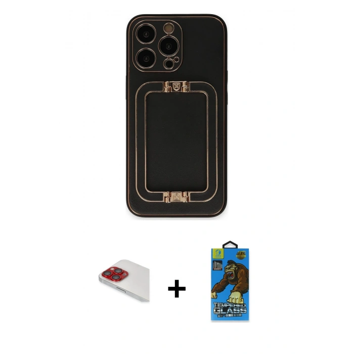 MARSİLYAN™- iPhone 13 Pro Max Kılıf Kozmos Minimal Prime - Siyah 18D Cam Ekran Koruyucu + Kırmızı Pers Alüminyum Kamera Lens