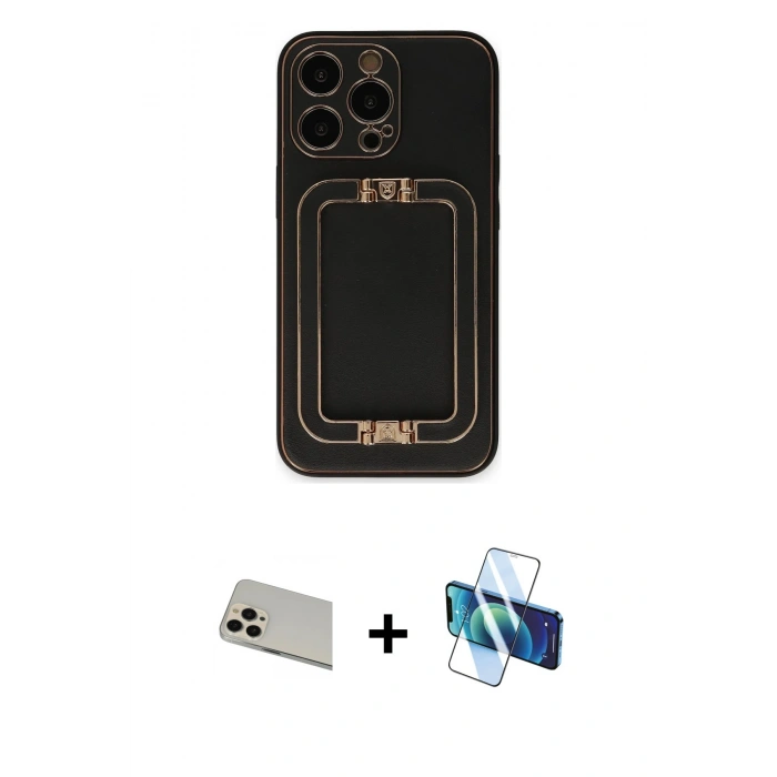 MARSİLYAN™- iPhone 13 Pro Max Kılıf Kozmos Minimal Prime - Siyah 3D Antistatik Cam Ekran Koruyucu + Rainbow Kamera Lens Koruma Cam - REGD
