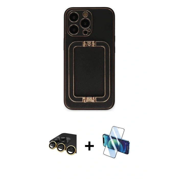 MARSİLYAN™- iPhone 13 Pro Max Kılıf Kozmos Minimal Prime - Siyah 3D Antistatik Cam Ekran Koruyucu + Raze Metal Kamera Lens - GD