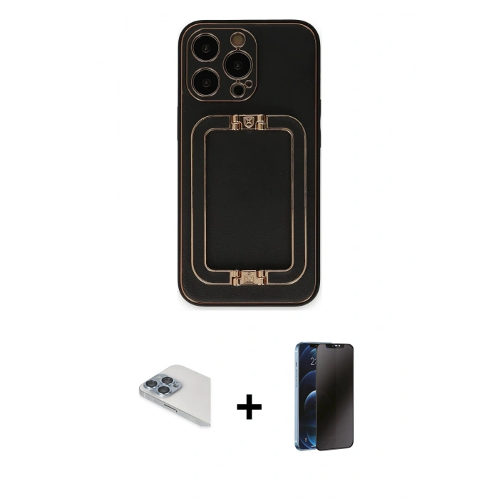 MARSİLYAN™- iPhone 13 Pro Max Kılıf Kozmos Minimal Prime - Siyah 3D Antistatik Hayalet Cam Ekran Koruyucu + Pers Alüminyum Kamera Lens - SABE