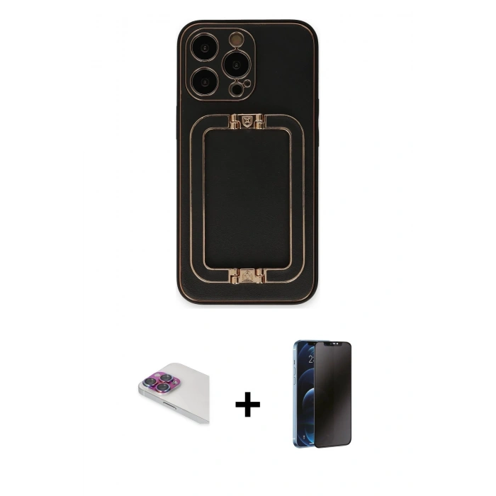 MARSİLYAN™- iPhone 13 Pro Max Kılıf Kozmos Minimal Prime - Siyah 3D Antistatik Hayalet Cam Ekran Koruyucu + Gökkuşağı Pers Alüminyum Kamera Lens