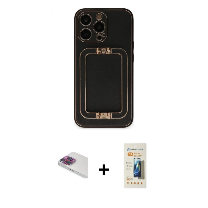 MARSİLYAN™- iPhone 13 Pro Max Kılıf Kozmos Minimal Prime - Siyah 6D Mat Seramik Hayalet Nano Ekran Koruyucu + Pers Alüminyum Kamera Lens - GI