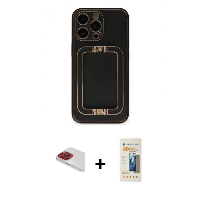 MARSİLYAN™- iPhone 13 Pro Max Kılıf Kozmos Minimal Prime - Siyah 6D Mat Seramik Hayalet Nano Ekran Koruyucu + Pers Alüminyum Kamera Lens - KI
