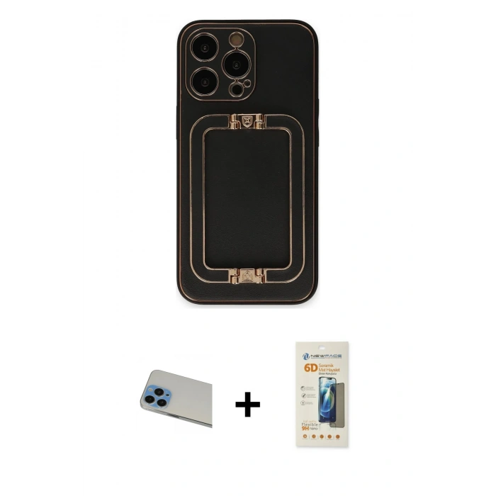 MARSİLYAN™- iPhone 13 Pro Max Kılıf Kozmos Minimal Prime - Siyah 6D Mat Seramik Hayalet Nano Ekran Koruyucu + Rainbow Kamera Lens Koruma Cam - MI