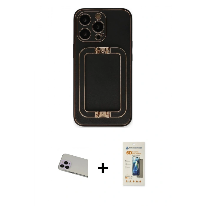 MARSİLYAN™- iPhone 13 Pro Max Kılıf Kozmos Minimal Prime - Siyah 6D Mat Seramik Hayalet Nano Ekran Koruyucu + Rainbow Kamera Lens Koruma Cam - MR