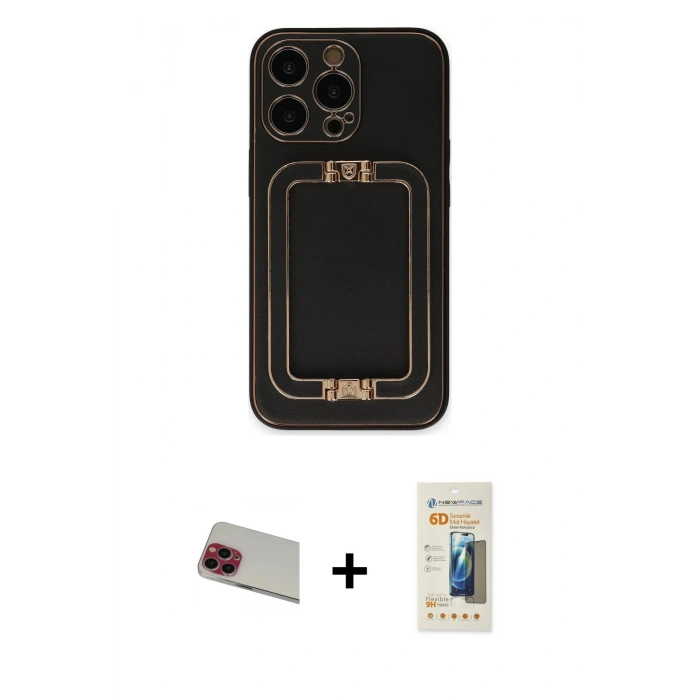 MARSİLYAN™- iPhone 13 Pro Max Kılıf Kozmos Minimal Prime - Siyah 6D Mat Seramik Hayalet Nano Ekran Koruyucu + Rainbow Kamera Lens Koruma Cam - KI