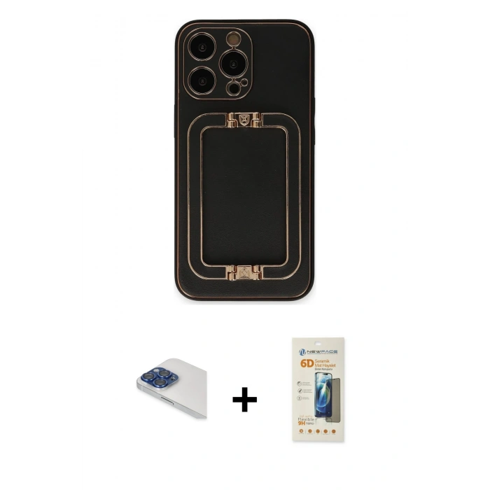 MARSİLYAN™- iPhone 13 Pro Max Kılıf Kozmos Minimal Prime - Siyah 6D Mat Seramik Hayalet Nano Ekran Koruyucu + Pers Alüminyum Kamera Lens - LT
