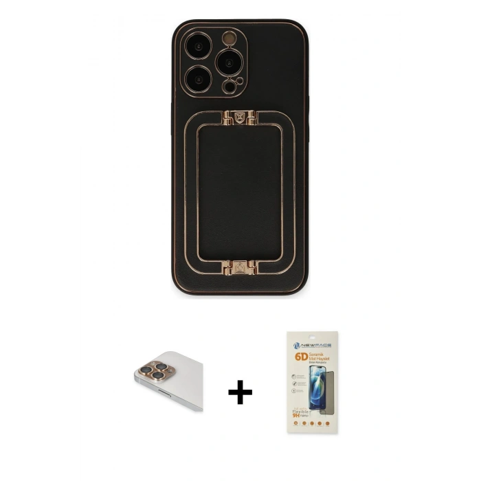 MARSİLYAN™- iPhone 13 Pro Max Kılıf Kozmos Minimal Prime - Siyah 6D Mat Seramik Hayalet Nano Ekran Koruyucu + Gold Pers Alüminyum Kamera Lens